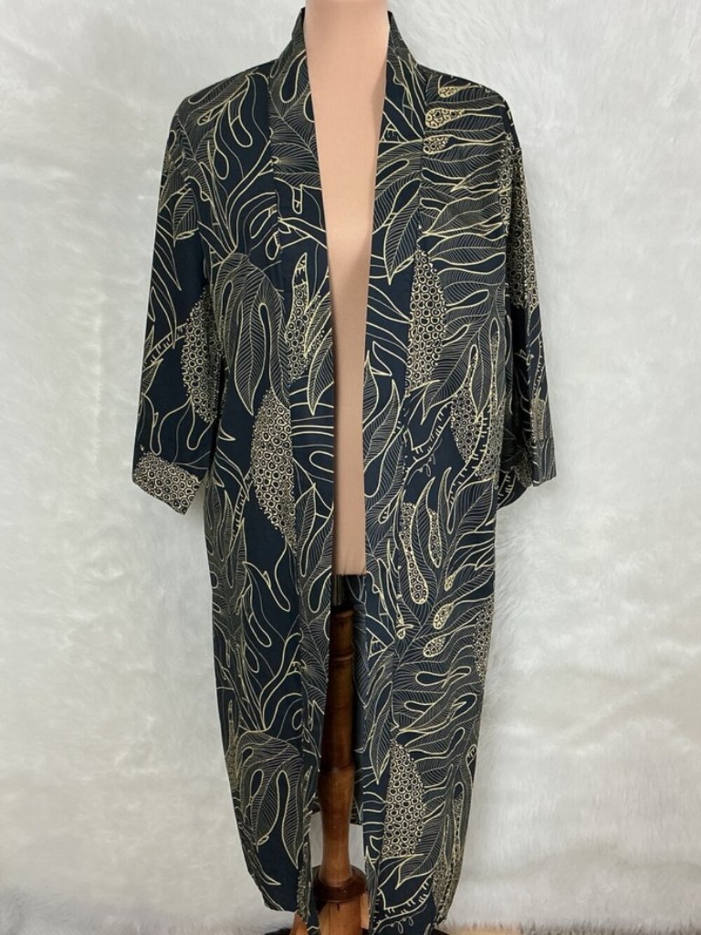 Simply Sisters Hawaii Black & Tan Leaf Breadfruit Print Cotton Kimono Cover Up L
